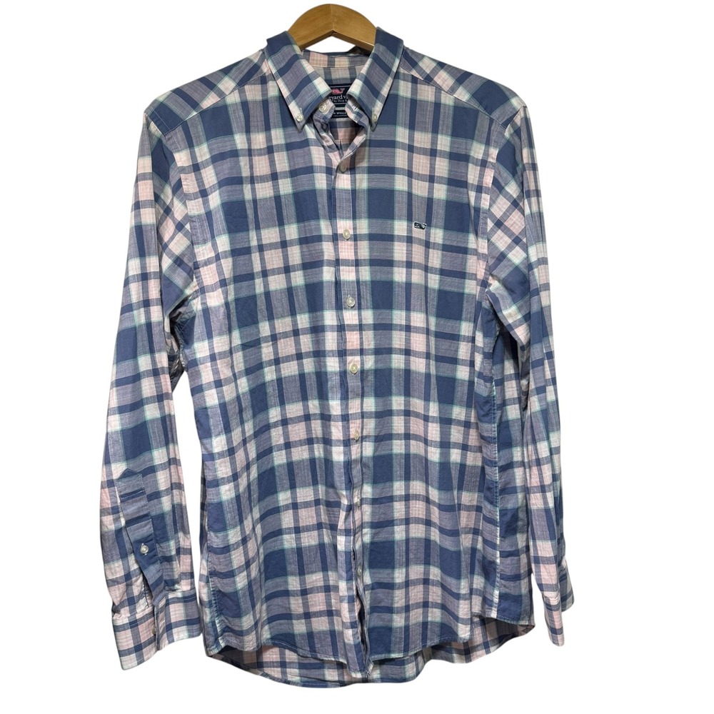 Vineyard Vines Mens Slim Fit Whale Shirt Blue Pink Plaid Cotton Button L #129